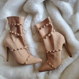 Hot nude sock heeled studded boots
